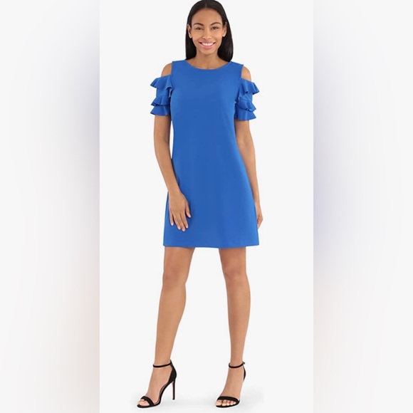 London Times Dresses & Skirts - London Times Women's Cold Shoulder Ruffle Sleeve Dress blue size 12